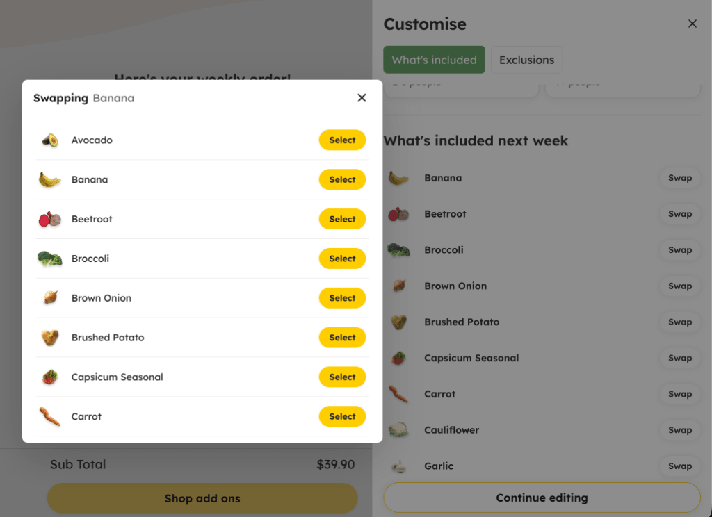 Funky Food weekly box customiser with swap and exclusion options