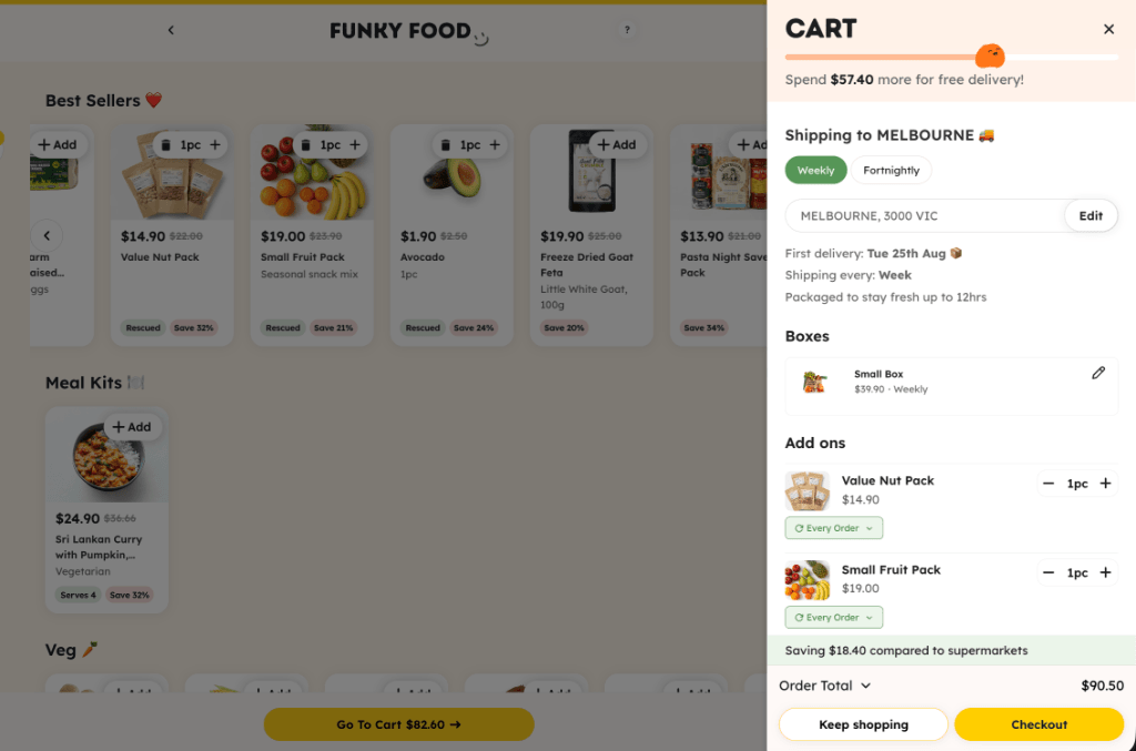 Funky Food cart showing delivery frequency and savings progress