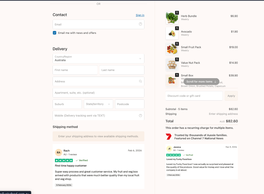 Funky Food Shopify checkout with delivery details and box contents