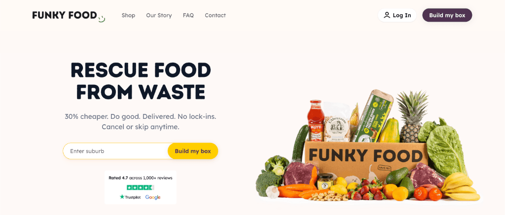 Funky Food Shopify homepage with suburb entry and box builder CTA
