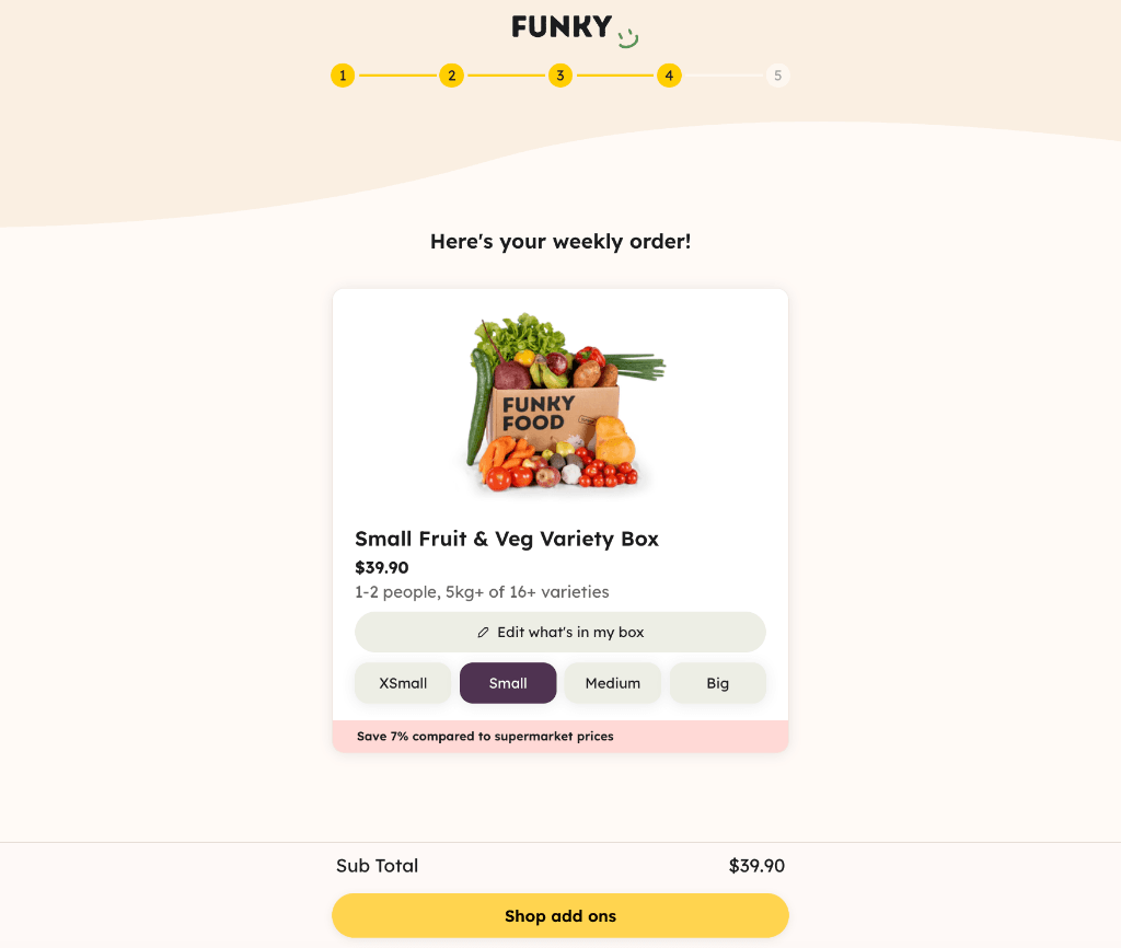 Funky Food weekly box size selector with savings badge