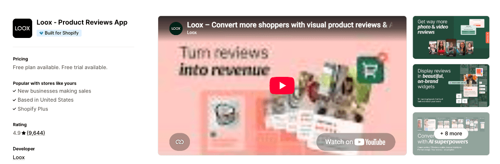 Loox Product Reviews Shopify App Store Listing