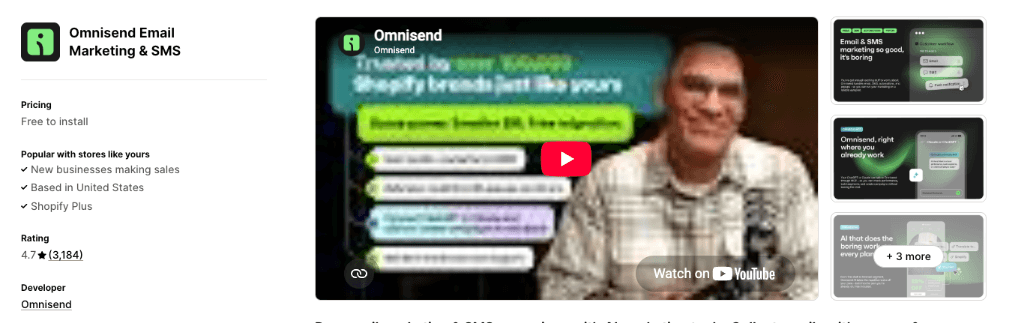 Omnisend Email Marketing and SMS Shopify App Store Listing