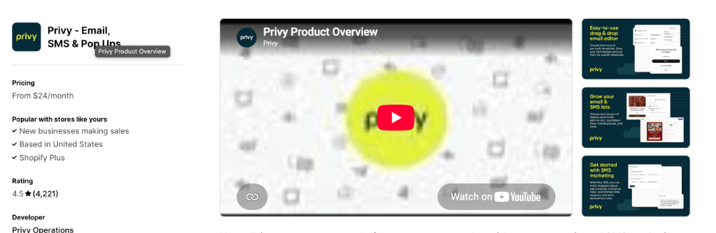 Privy Email, SMS and Pop Ups Shopify App Store Listing