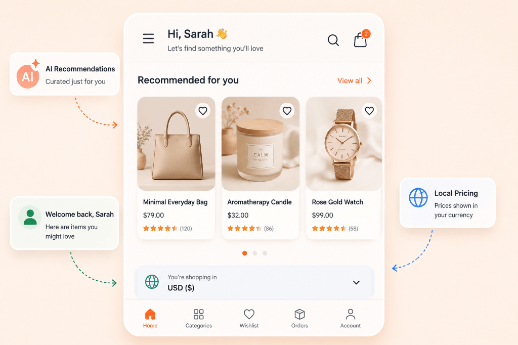 Personalized mobile e-commerce interface with AI recommendations, personalized greeting, and local currency pricing