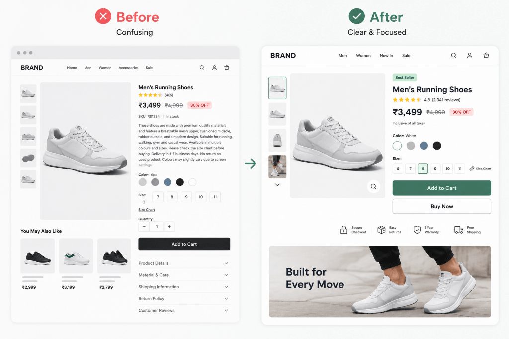 Before and After product page comparison: Confusing vs Clear & Focused CRO layout