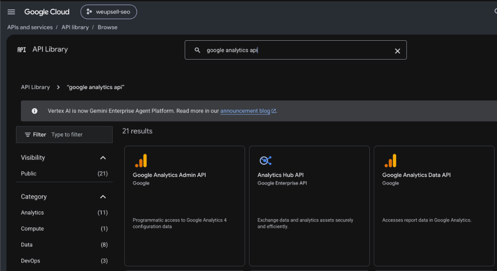 Google Cloud Console: Searching & Enabling Google Analytics Data API in API Library